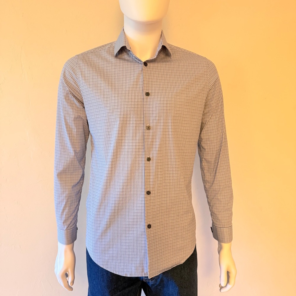 Theory Mens Dover SPR Slim Yagolt Blue‎ White Micro Check Shirt Size 15 R